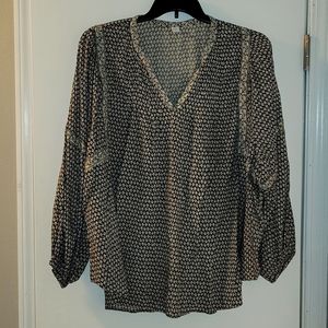 Old Navy Long Sleeve Split Neck Blouse, XXL, Black w/ White Floral Print
